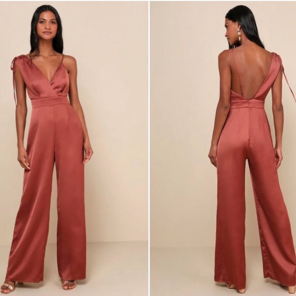 Renamed Look of Luxe Rust Satin Jumpsuit Wide Leg Size Small - Picture 8 of 13